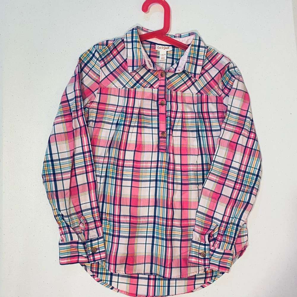 Cat & Jack Girls 10/12 Pink Blue Plaid Shirt